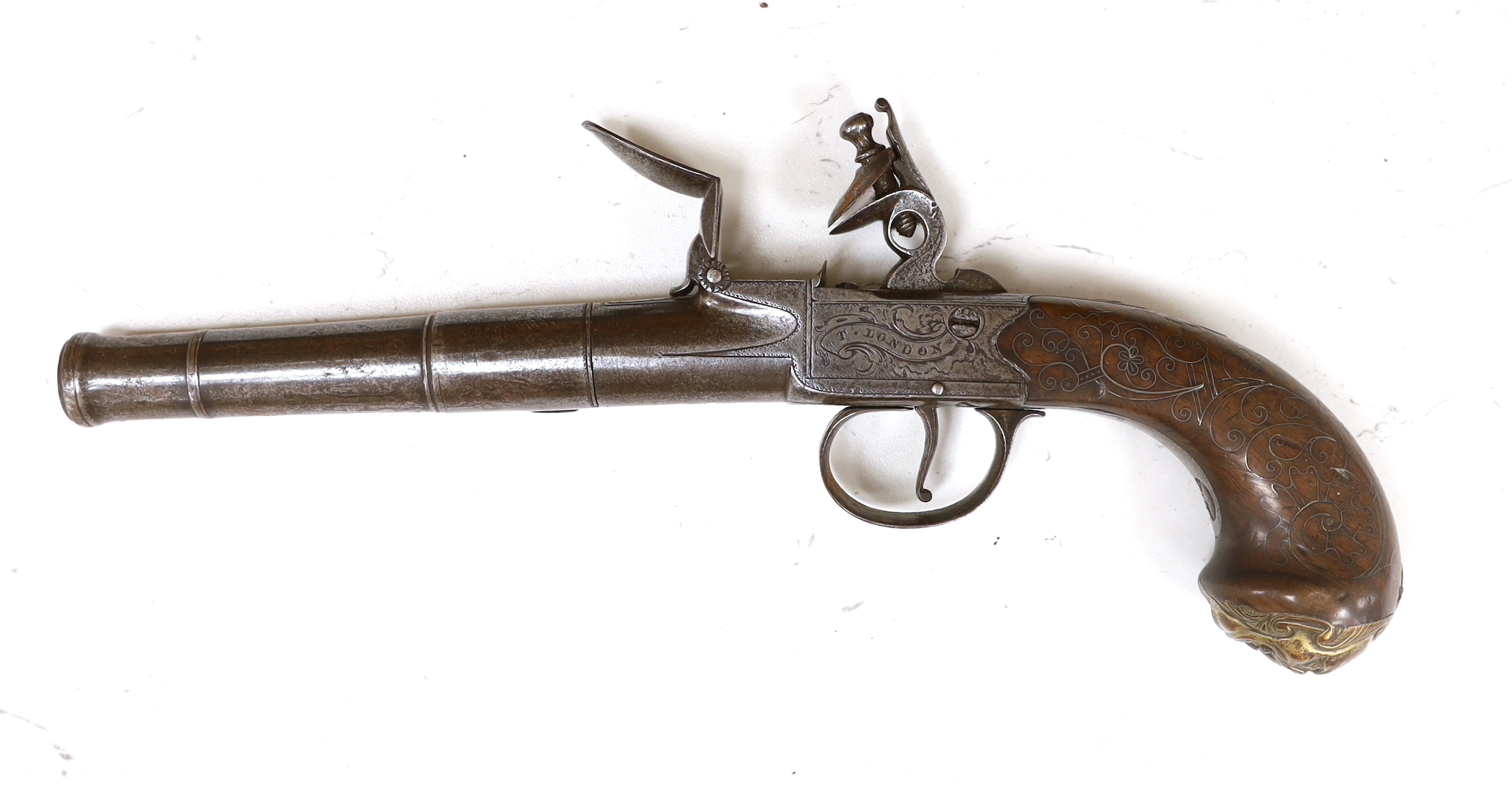 A Queen Anne style boxlock flintlock cannon barrelled holster pistol by T. London, maker's mark IH